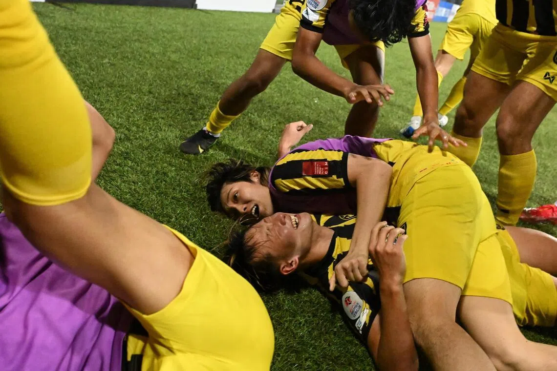 BG Tampines Rovers celebrates after forward Hide Higashikawa scores against Geylang International at Our Tampines Hub on April 11, 2026. 

ST PHOTO: AZMI ATHNI