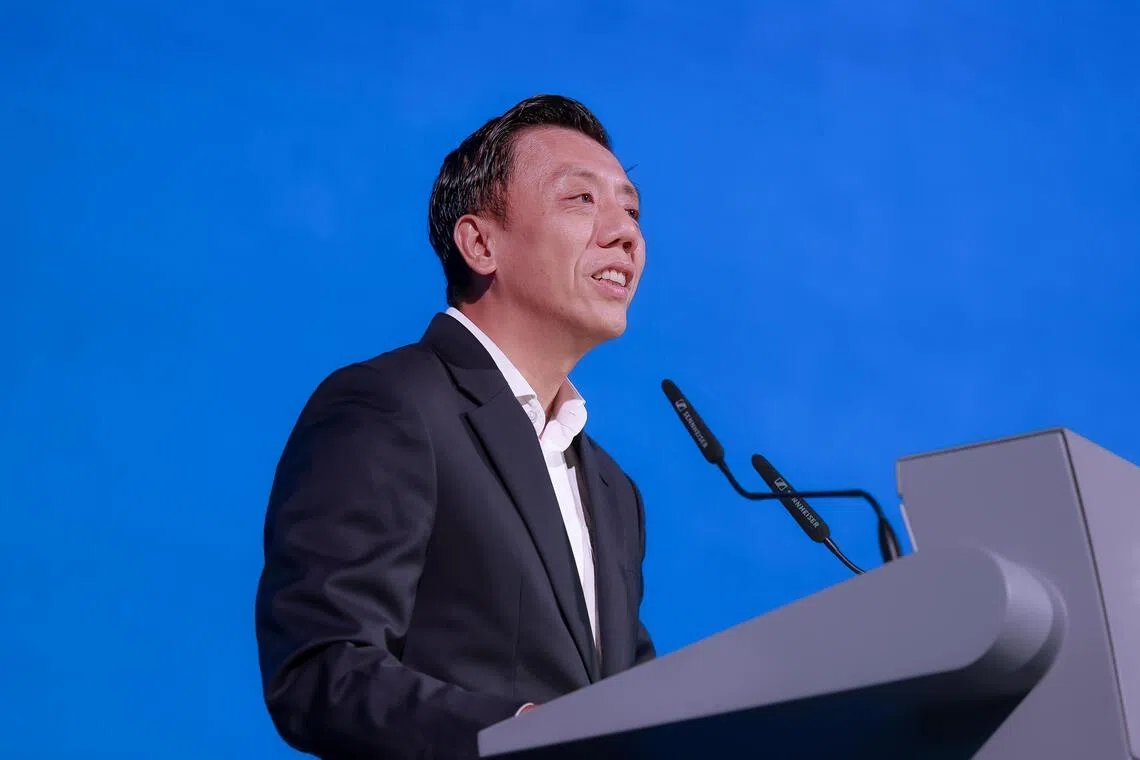 Acting Transport Minister Jeffrey Siow speaks at the Singapore Maritime Week at Suntec Singapore Convention & Exhibition Centre on April 21.