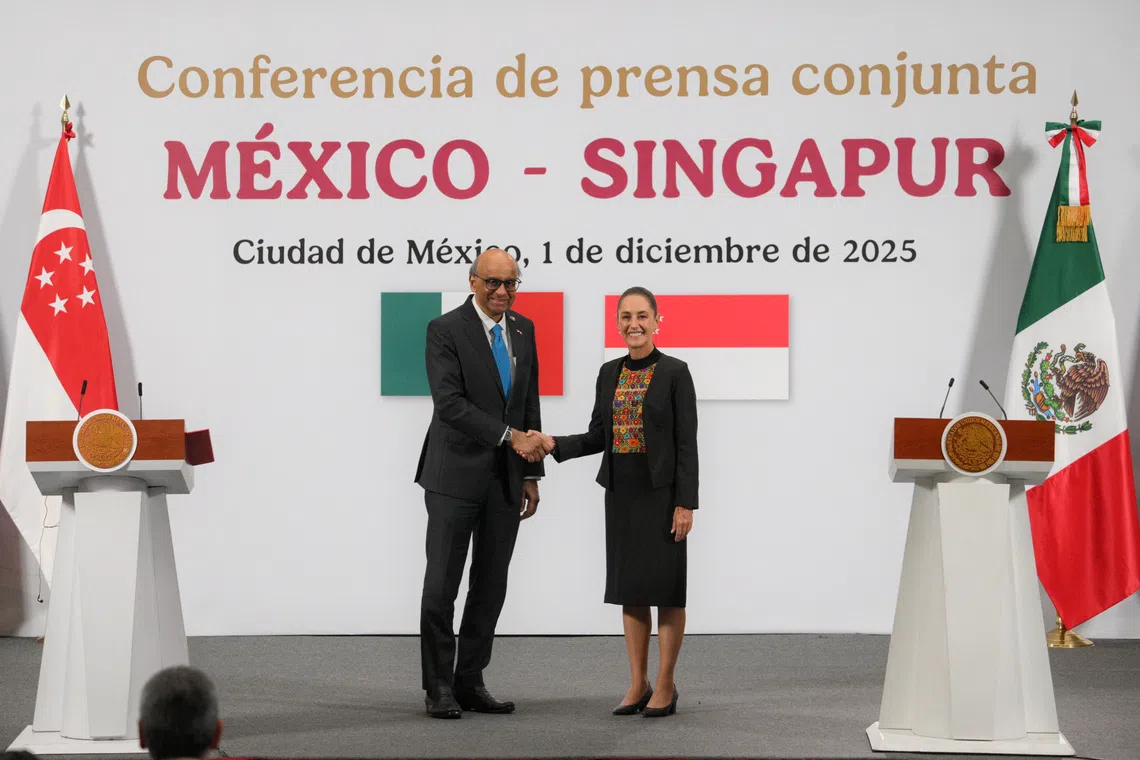 President Tharman Shanmugaratnam (left) and Mexican President Claudia Sheinbaum at a press conference at the National Palace in Mexico City on Dec 1.