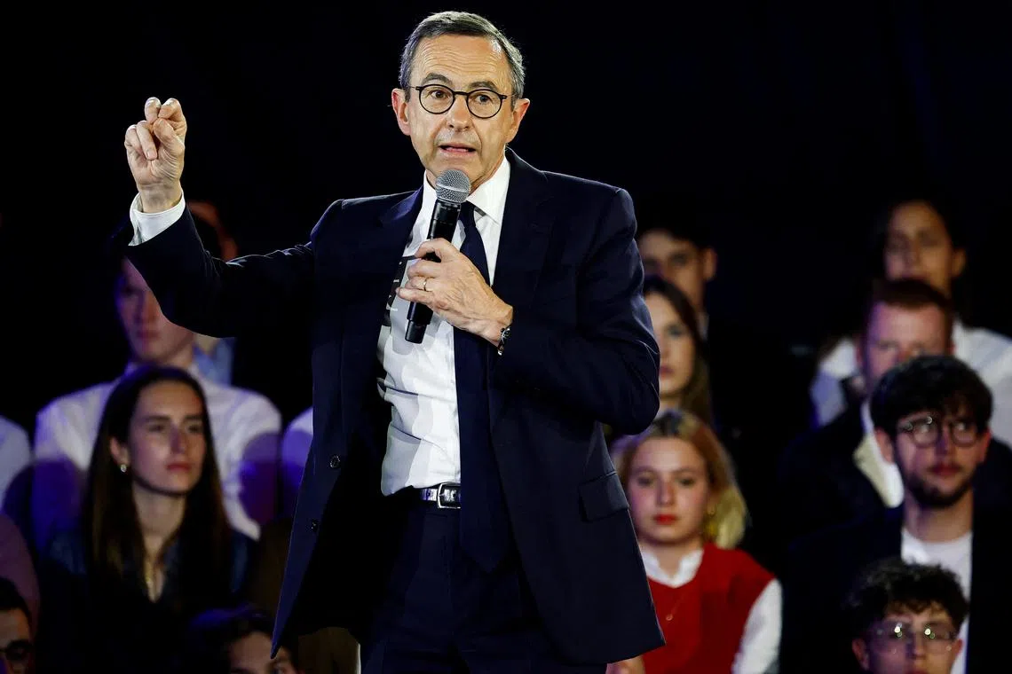 French Interior Minister Bruno Retailleau speaks during an end-of-campaign rally for the presidency of the Les Republicains (LR) party in Boulogne-Billancourt near Paris, France, May 11, 2025. REUTERS/Stephanie Lecocq/File Photo