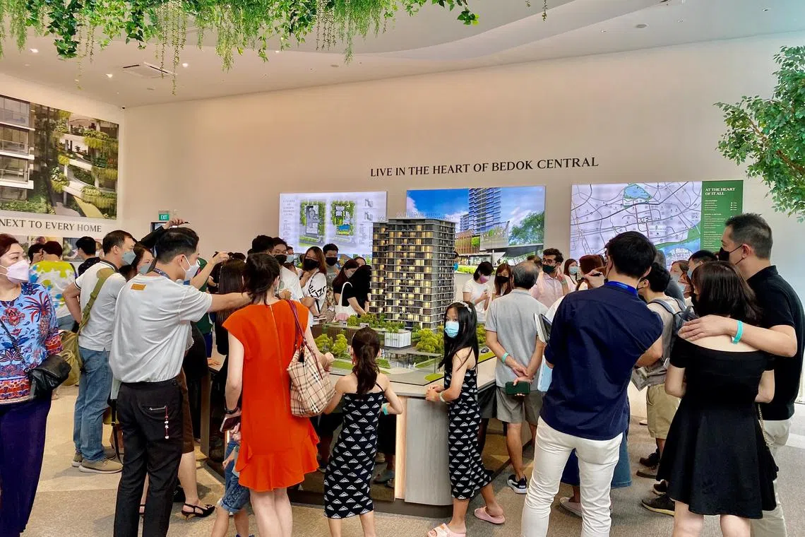 A crowd at the Sky Eden@Bedok showflat on Aug 27, 2022. It is the first residential launch in Bedok Town Centre in 10 years. Frasers Property has sold 77% of the project's units with a target completion in H1 FY2026.