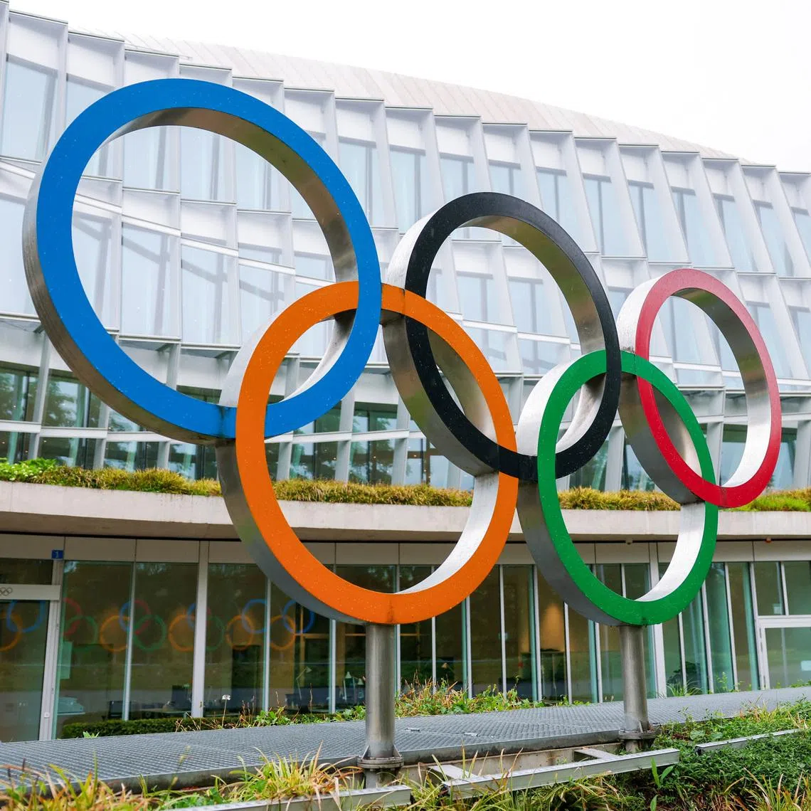 Olympic rings in front of the International Olympic Committee (IOC), during an Executive Board meeting at the Olympic House in Lausanne, Switzerland, May 6, 2026. REUTERS/Denis Balibouse/File Photo