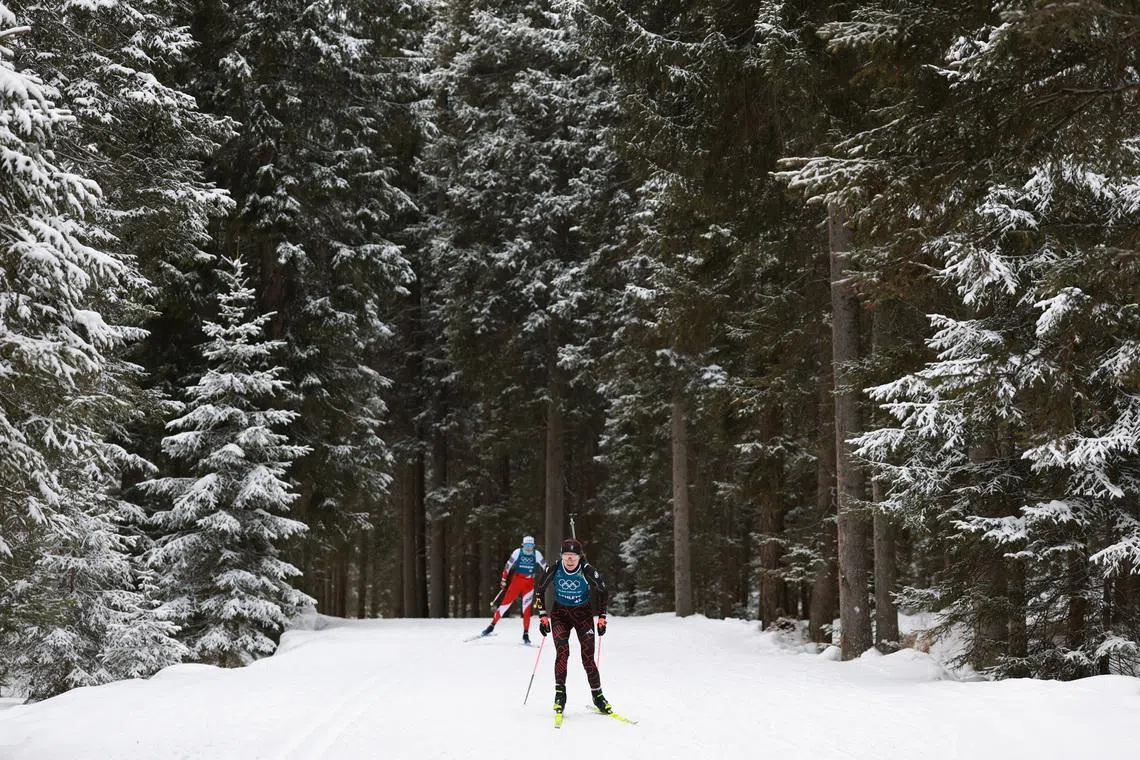 Milano Cortina 2026 Olympics - Biathlon - Training - Anterselva Biathlon Arena, South Tyrol, Italy - February 16, 2026. General view of athletes in action during training REUTERS/Eloisa Lopez