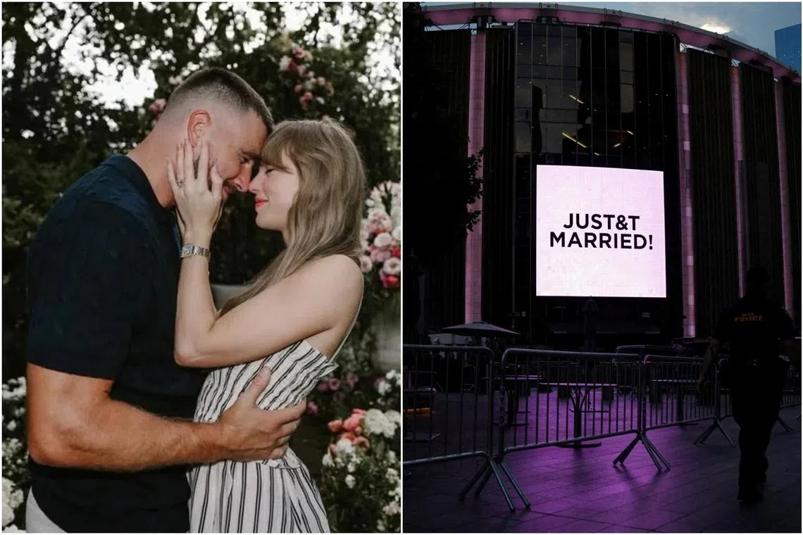 A screen (right) displays a message referencing Taylor Swift and Travis Kelce outside Madison Square Garden in New York on July 3. The pair’s love story began in 2023.