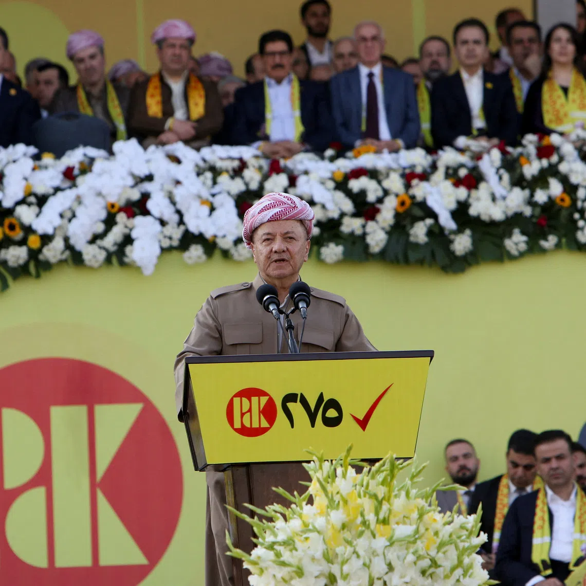 Leader of the Kurdistan Democratic Party (PDK) Masoud Barzani speaks during a rally ahead of the upcoming Iraqi parliamentary elections at Franso Hariri Stadium in Erbil, Iraq, November 7, 2025. REUTERS/Azad Lashkari
