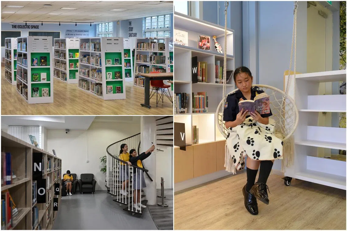 The libraries at (clockwise from top left) Bedok South Secondary School, Queensway Secondary School and Cedar Girls’ Secondary School.