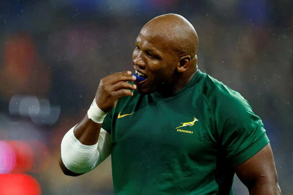 FILE PHOTO: Rugby Union - Rugby World Cup 2023 - Final - New Zealand v South Africa - Stade de France, Saint-Denis, France - October 28, 2023  South Africa's Bongi Mbonambi during the warm up before the match REUTERS/Sarah Meyssonnier/File Photo