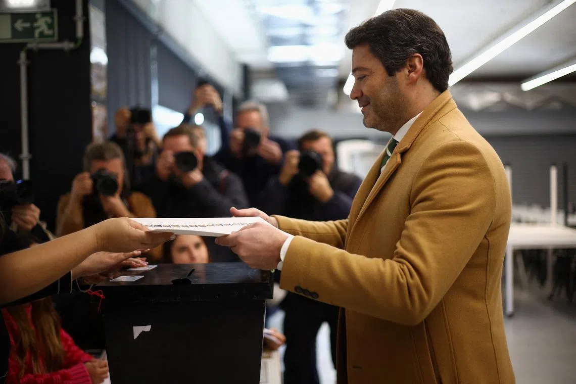 FILE PHOTO: Portuguese presidential candidate and leader of Chega party Andre Ventura votes during the presidential election, in Lisbon, Portugal, January 18, 2026. REUTERS/Pedro Nunes/File Photo