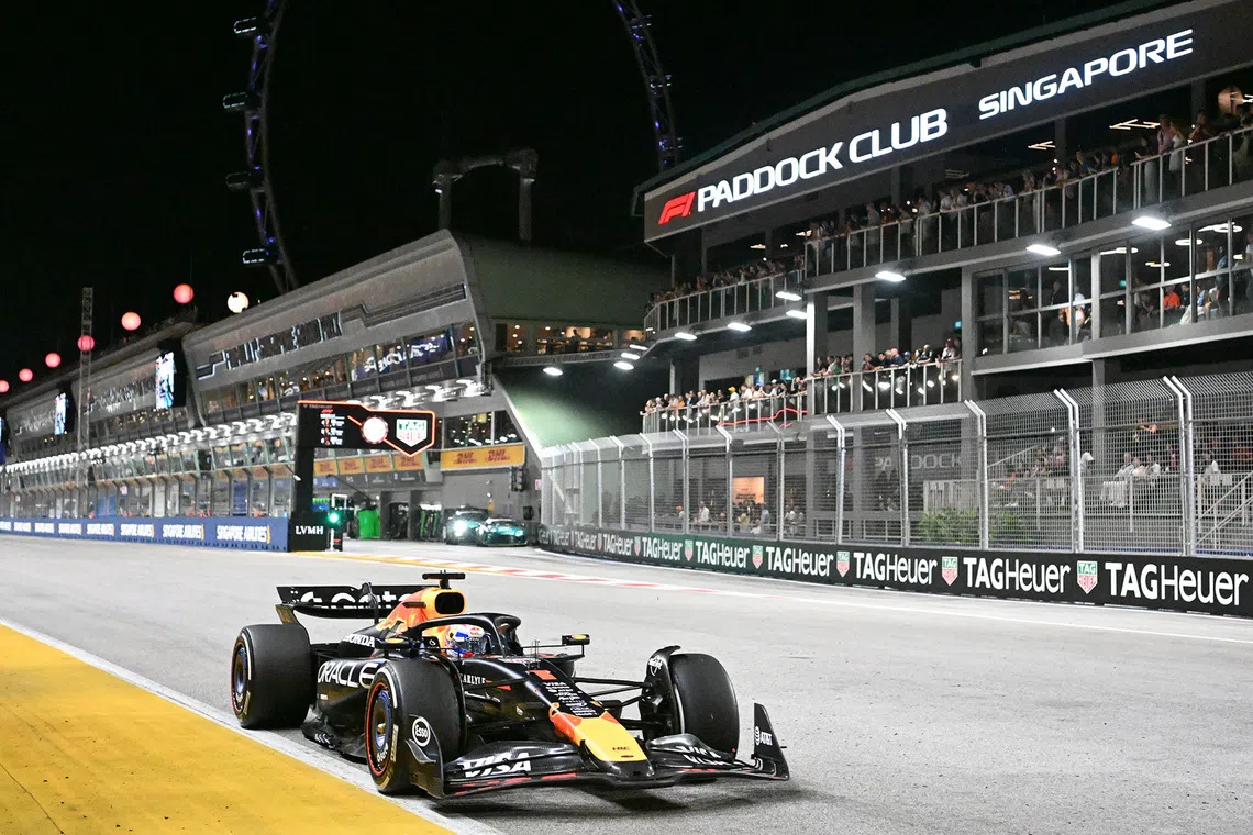 Red Bull's Max Verstappen in action during the 2025 Formula One Singapore Airlines Singapore Grand Prix at the Marina Bay Street Circuit on Oct 5, 2025. 