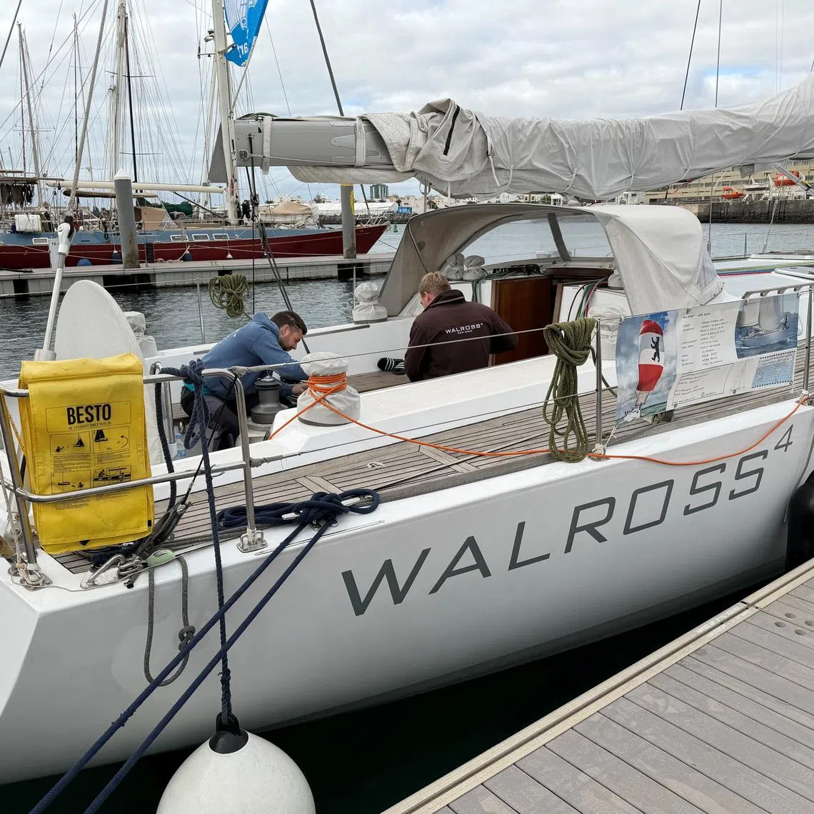Sailing - 2026 RORC Transatlantic Race - Arrecife, Lanzarote, Spain - January 10, 2026 Crew members prepare Walross 4 for the RORC transatlantic race from Lanzarote to Antigua starting on Sunday REUTERS/Ossian Shine