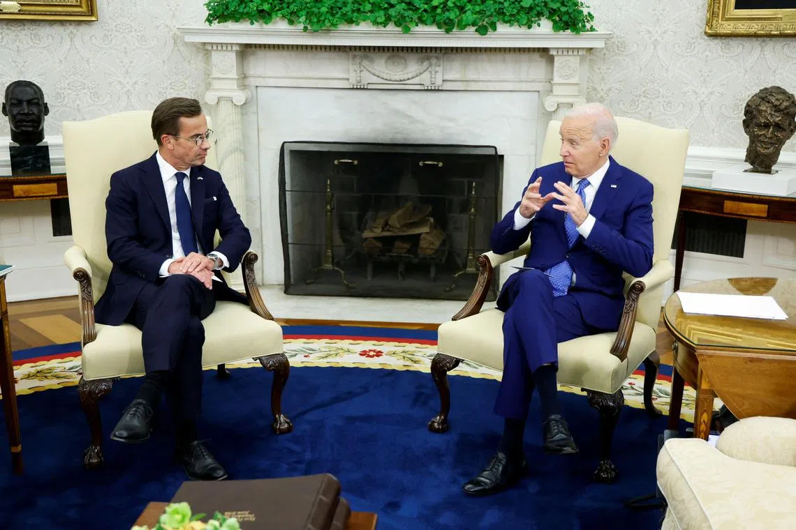 US President Joe Biden (right) and Swedish Prime Minister Ulf Kristersson meet in the Oval Office, at the White House.