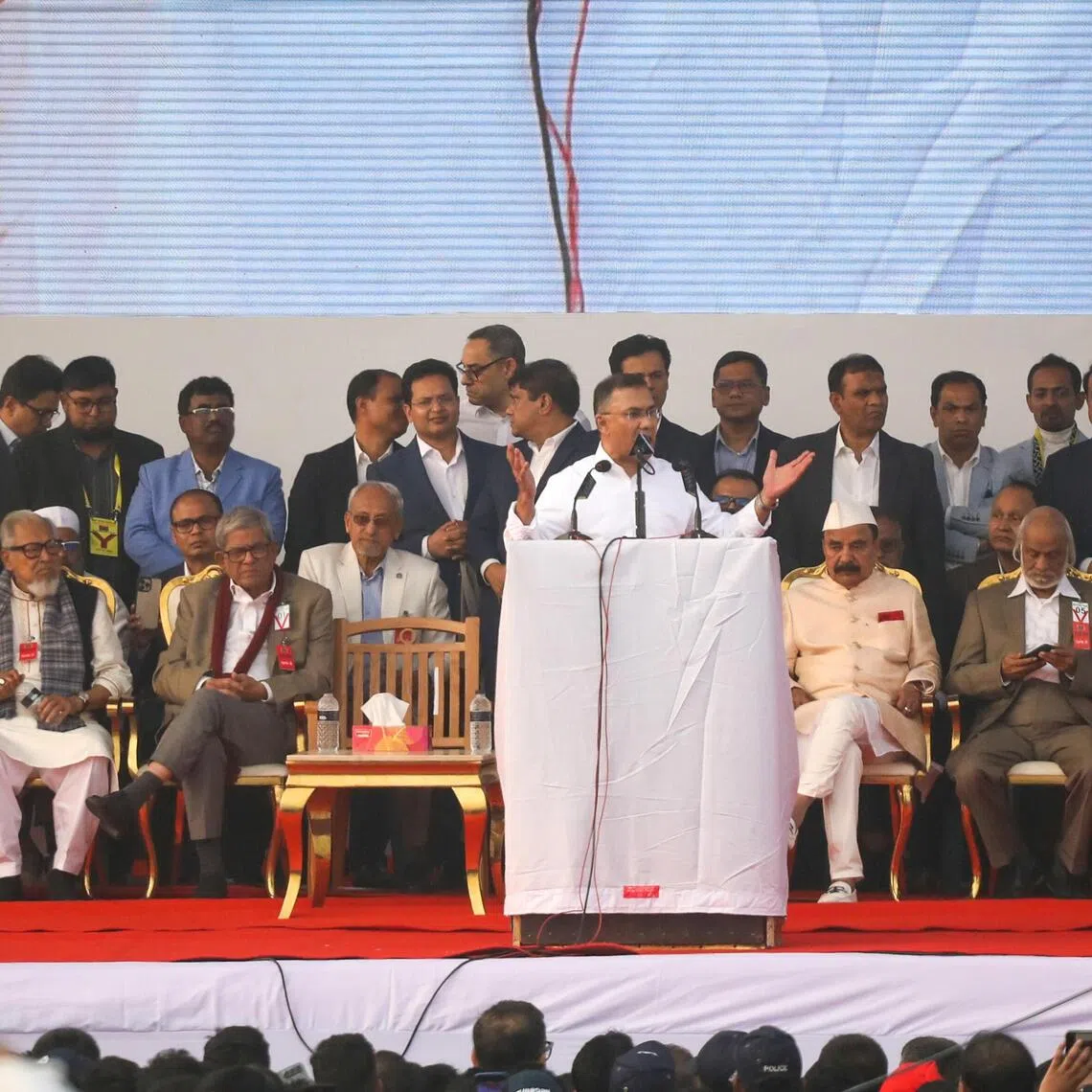 Acting Bangladesh Nationalist Party (BNP) chairman Tarique Rahman (centre) speaks to members and supporters after his return from London, in Dhaka, Bangladesh.