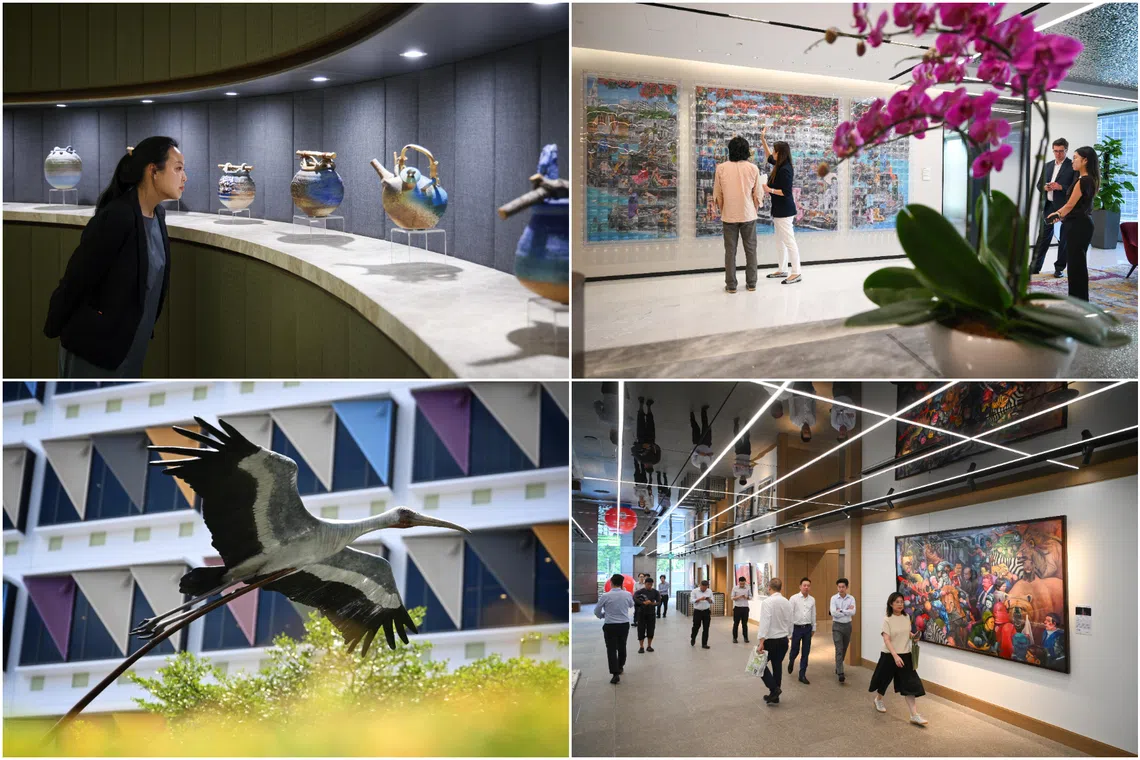 (Clockwise from top left) Vessels by Singapore ceramist Iskandar Jalil at WongPartnership, Suzanne Victor's work at Morgan Stanley, David Chan's The Grand History in UOB Plaza 1 and Kumari Nahappan's Saranggong at One Farrer Hotel.