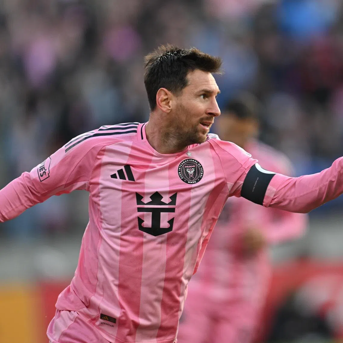 Mar 7, 2026; Baltimore, Maryland, USA;  Inter Miami CF forward Lionel Messi (10) celebrates after scoring a goal in the first half against DC United at M&T Bank Stadium. Mandatory Credit: Jamie Sabau-Imagn Images