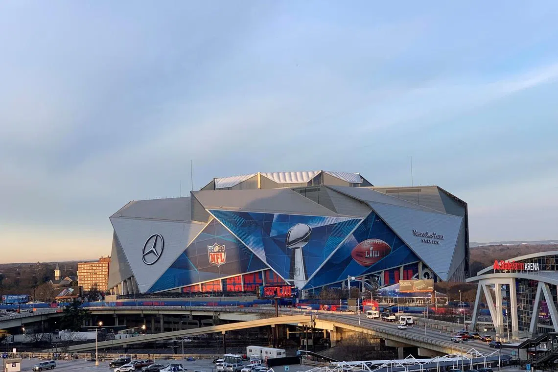 FILE PHOTO: General view of the 12 stadiums set to host the 2025 Club World Cup  Jan 30, 2019; Atlanta, GA, USA; General overall view of Super Bowl LIII signage at the Mercedes-Benz Stadium exterior. Mandatory Credit: Kirby Lee-USA TODAY Sports/File Photo