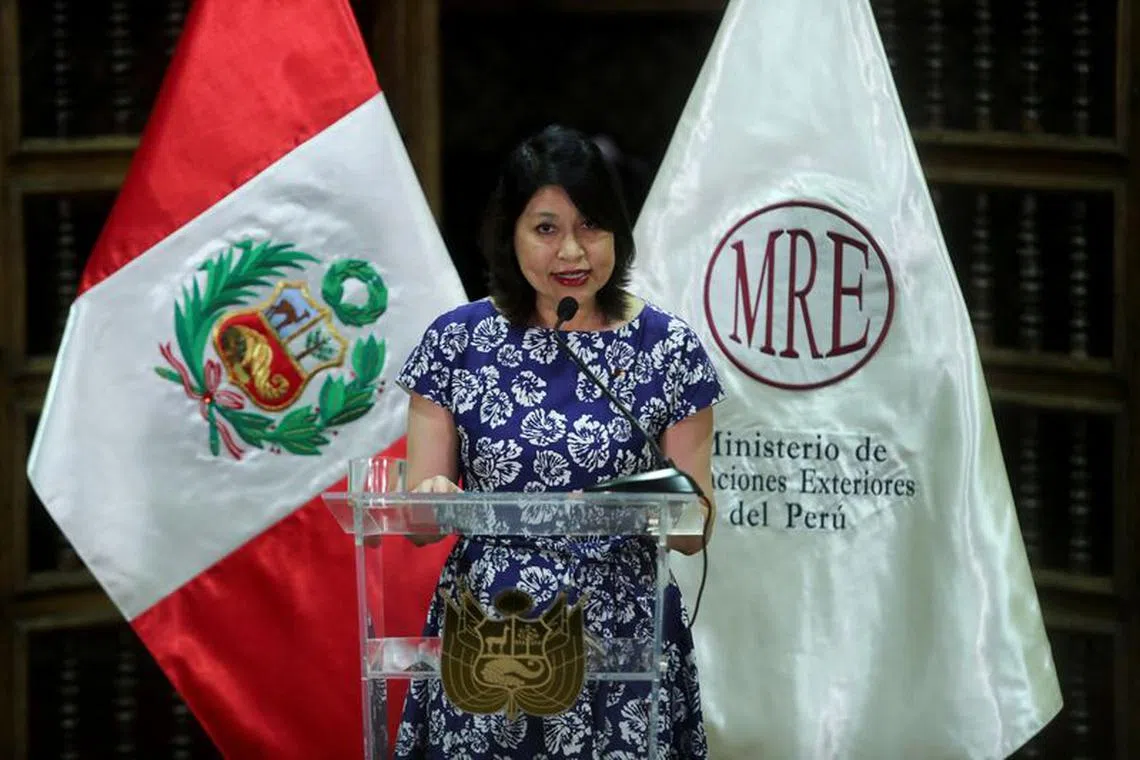 FILE PHOTO: Peruvian Foreign Affairs Minister Ana Cecilia Gervasi attends a news conference regarding the asylum that Mexico has granted to the family of former President Pedro Castillo, in Lima, Peru, December 20, 2022. Reuters/Sebastian Castaneda/File Photo