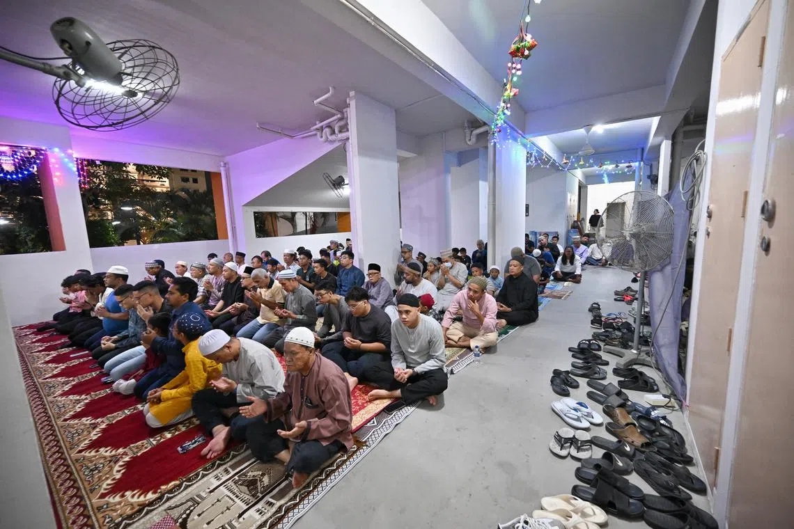 About 150 Muslims performing tarawih prayers at the void deck on Mar 11, 2024. The special prayers, which Muslims perform during Ramadan, are held mainly at mosques but makeshift prayer spaces at void decks have also served as locations for over 30 years. Muslims here begin fasting for the month of Ramadan on Mar 12, with the prayers beginning from the day before.  