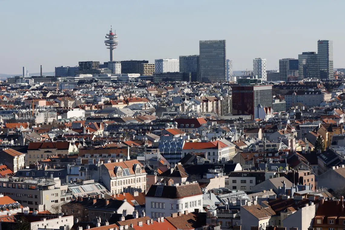 A general view of the city centre skyline showing residential housing and commercial buildings in Vienna, Austria, February 10, 2022. REUTERS/Leonhard Foeger/File Photo