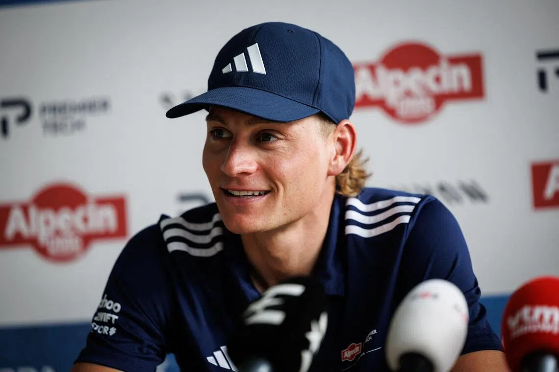 Netherlands' Mathieu van der Poel during a press conference ahead of the 2026 Paris-Roubaix cycling race.