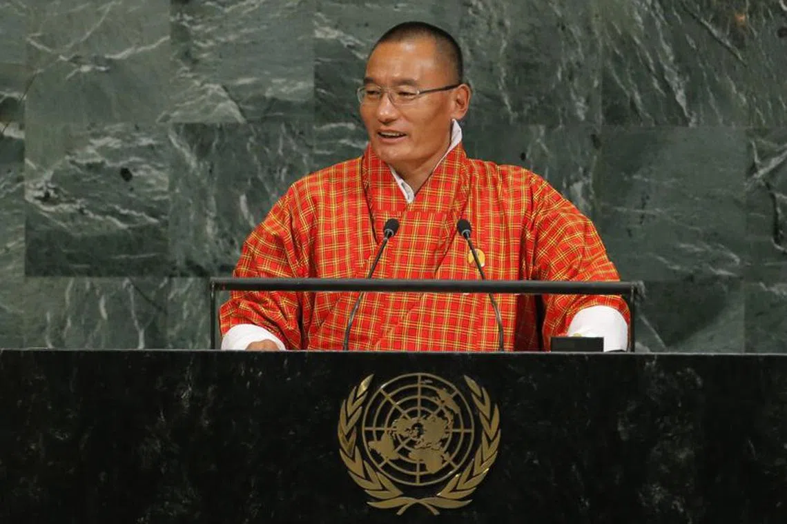 Bhutan Prime Minister Lyonchoen Tshering Tobgay addresses the 72nd United Nations General Assembly at U.N. headquarters in New York, U.S., September 22, 2017. REUTERS/Lucas Jackson/File Photo