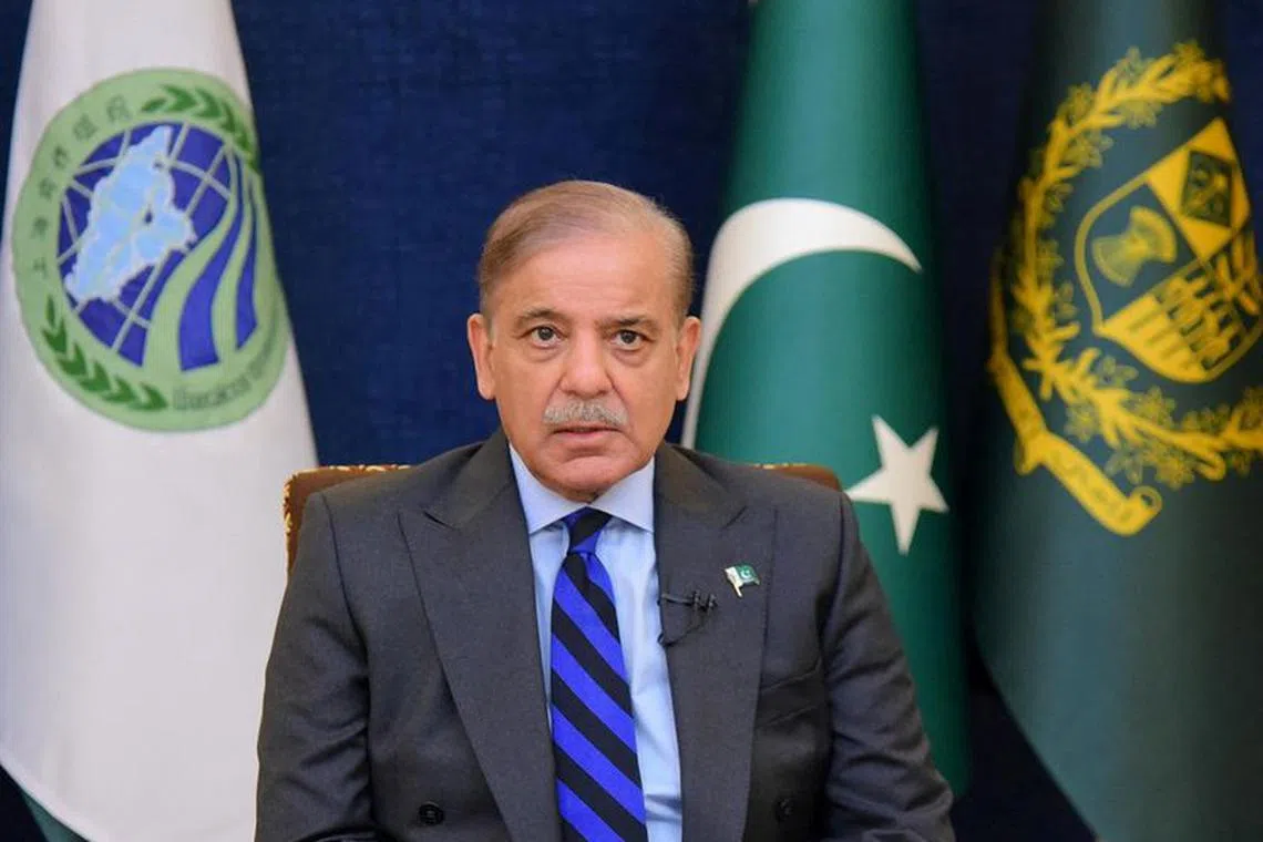 Pakistan's Prime Minister Shehbaz Sharif, addresses the 23rd Shanghai Cooperation Organization (SCO) Summit, hosted virtually by India, in Islamabad, Pakistan July 4, 2023. Press Information Department (PID)/Handout via REUTERS/file photo