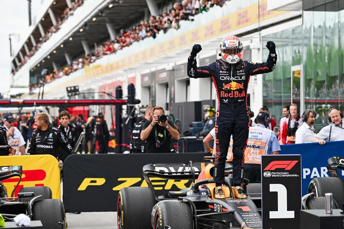 Red Bull Racing driver Max Verstappen celebrating after winning the Canadian Grand Prix at Circuit Gilles Villeneuve. 
