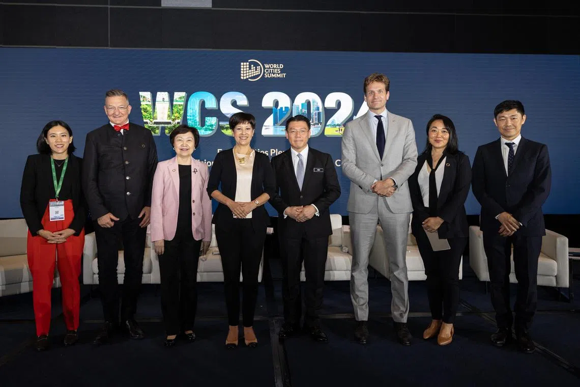 kgcity04 -  (L to R) Michelle Goh, Public Policy Lead for Southeast Asia, Hong Kong, Taiwan and India, Airbnb; Dr Chris Luebkeman, Leader, Strategic Foresight Hub, Office of the President, ETH Zurich; Prof. Cheong Koon Hean
Chair, Lee Kuan Yew Centre for Innovative Cities and Chair, CLC; Indranee Rajah Minister, Prime Minister's Office, Second Minister for Finance and Second Minister for National Development, Singapore; Nga Kor Ming, Minister of Housing and Local Government, Malaysia; Vincent Karremans, Vice Mayor, Rotterdam; Edith Hsu-Chen, Executive Director, New York City Department of City Planning; Cheng Hsing Yao, Member, Advisory Panel for Centre for Liveable Cities; Group Chief Executive Officer, GuocoLand Limited, ahead of the closing plenary of the World Cities Summit 2024.

Credit: WORLD CITIES SUMMIT 2024