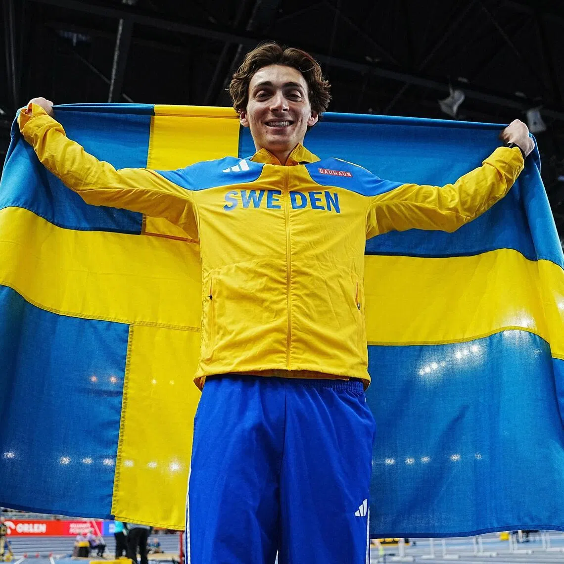 Sweden's Armand Duplantis celebrates winning the men's pole vault final at the World Athletics Indoor Championships.