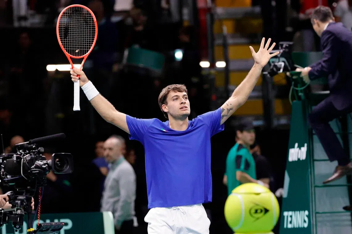 Flavio Cobolli - Italy's number one for the week in the absence of top players Jannik Sinner and Lorenzo Musetti - celebrates his win over Austria's Filip Misolic.