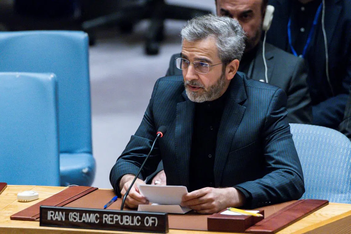 Iran's acting foreign minister Ali Bagheri Kani speaks to delegates during a meeting of the United Nations Security Council at the United Nations Headquarters in New York City, U.S., July 16, 2024. REUTERS/Eduardo Munoz