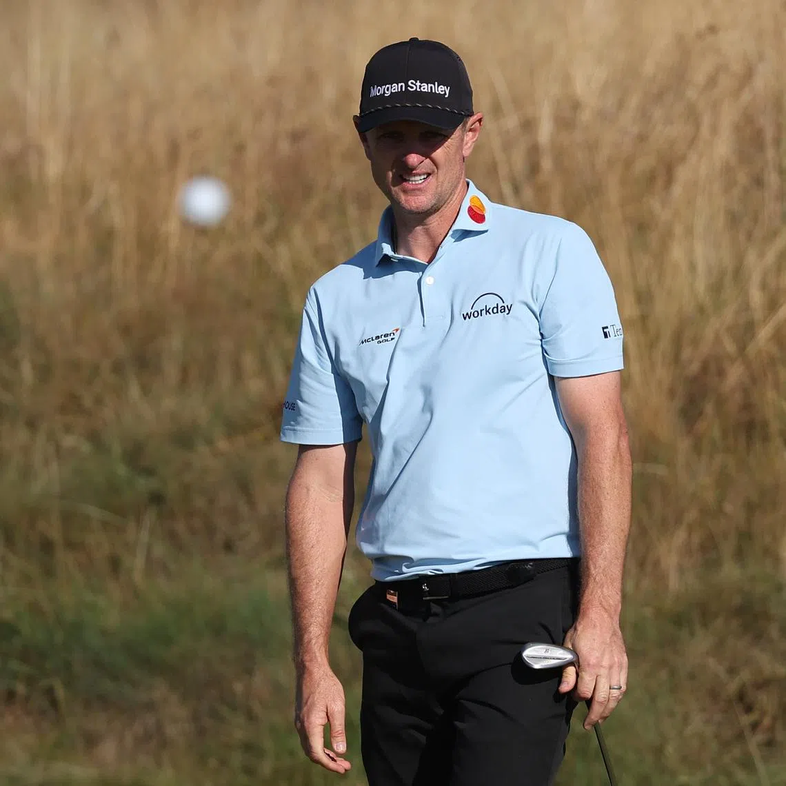 Jul 14, 2026; Southport, England; Justin Rose chips onto the third green during a practice round for The Open Championship golf tournament at Royal Birkdale. Mandatory Credit: Bill Streicher-Imagn Images