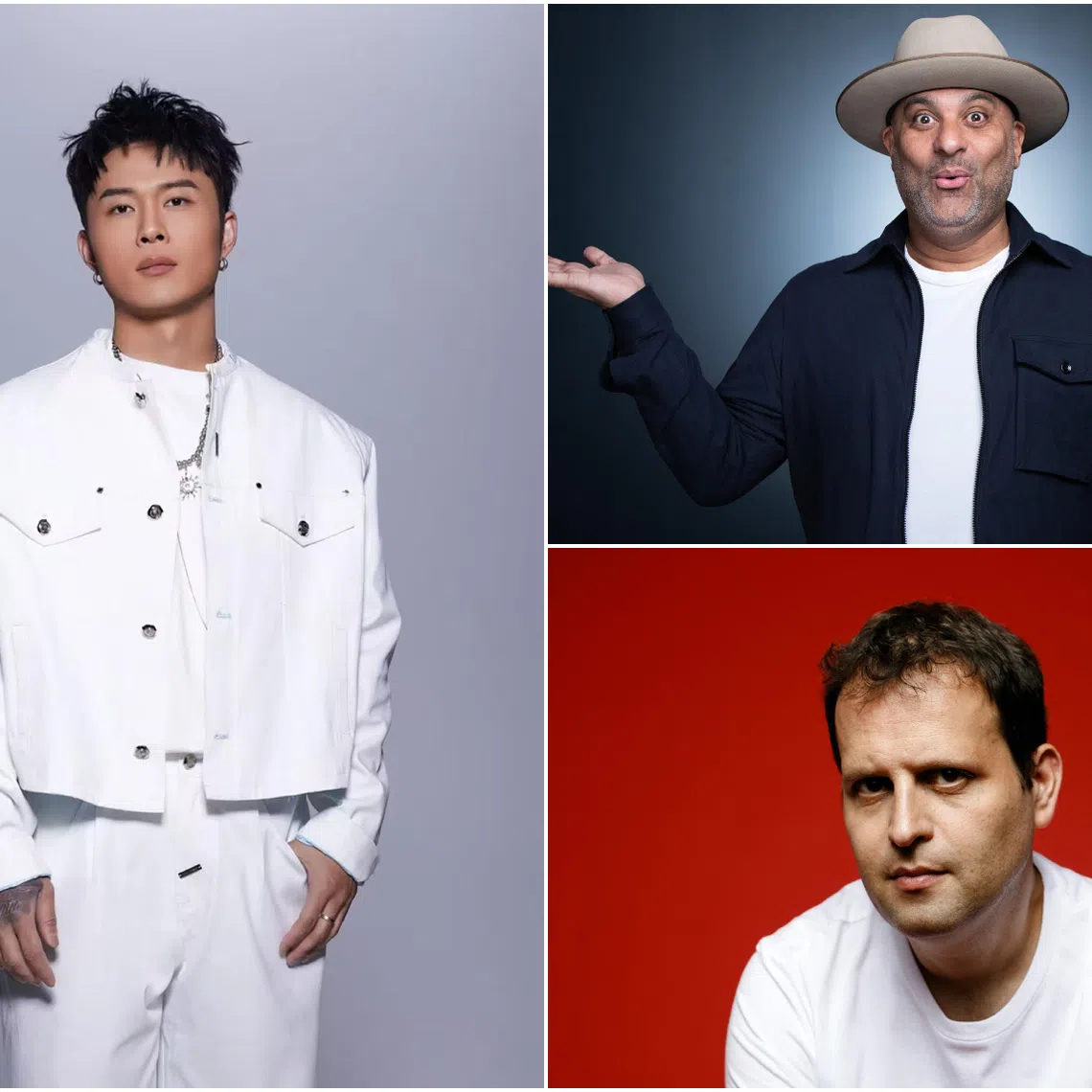 (Clockwise from left) Chinese singer-songwriter Ryan.B, Canadian stand-up comedian Russell Peters and British comedian and former doctor Adam Kay.