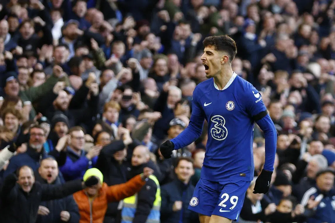 Chelsea's Kai Havertz celebrates scoring against Crystal Palace at Stamford Bridge.