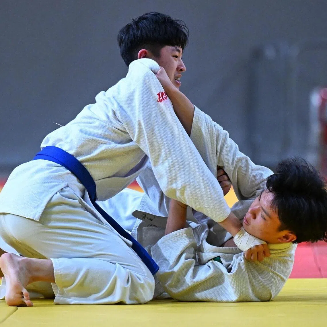 Phun Kai Xiang (top) and Elvyn Ee of Raffles Institution in action during the B Division boys' under-60kg final on April 15.