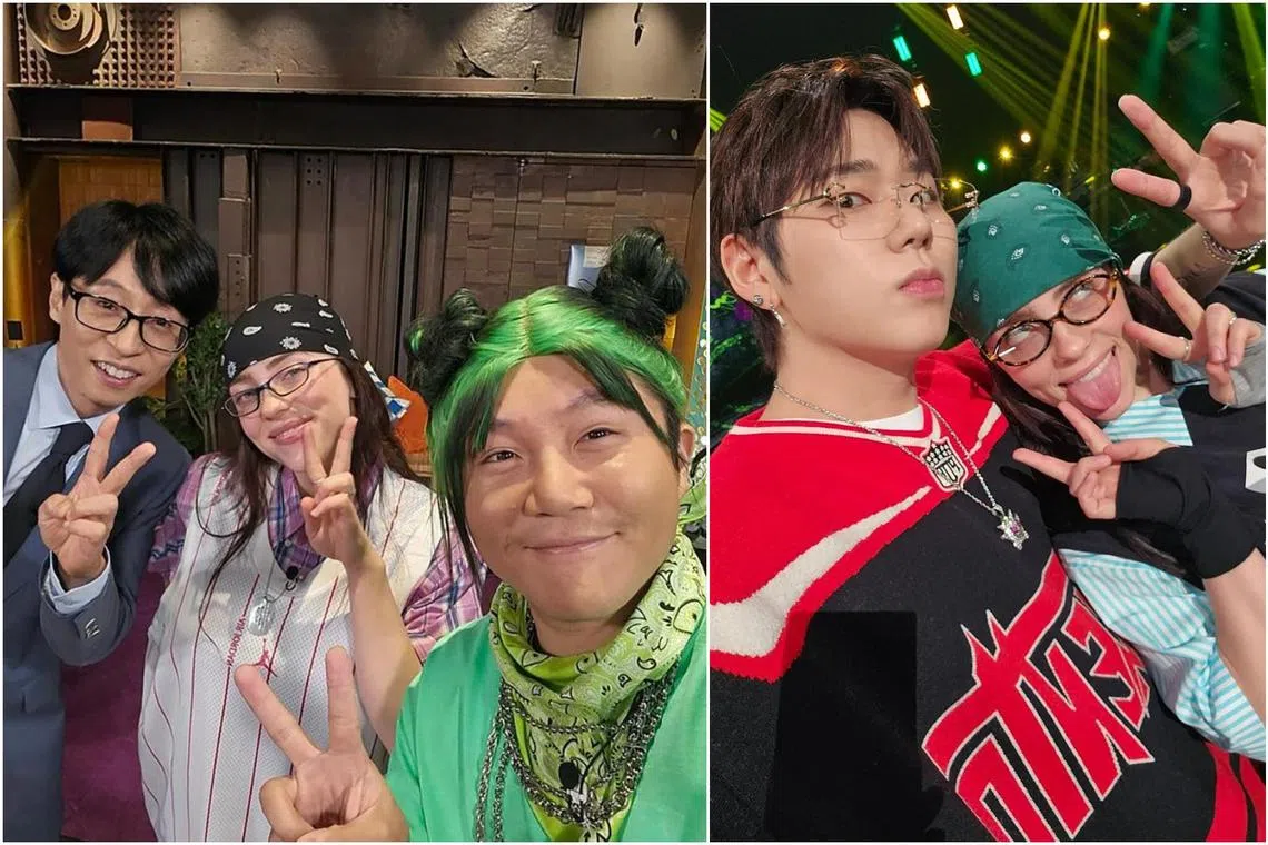 Zico’s Artist shared photos of  Billie Eilish with Zico (right) and You Quiz On The Block shared photos of Billie Eilish with Yoo Jae-suk (left) and Cho Sae-ho.