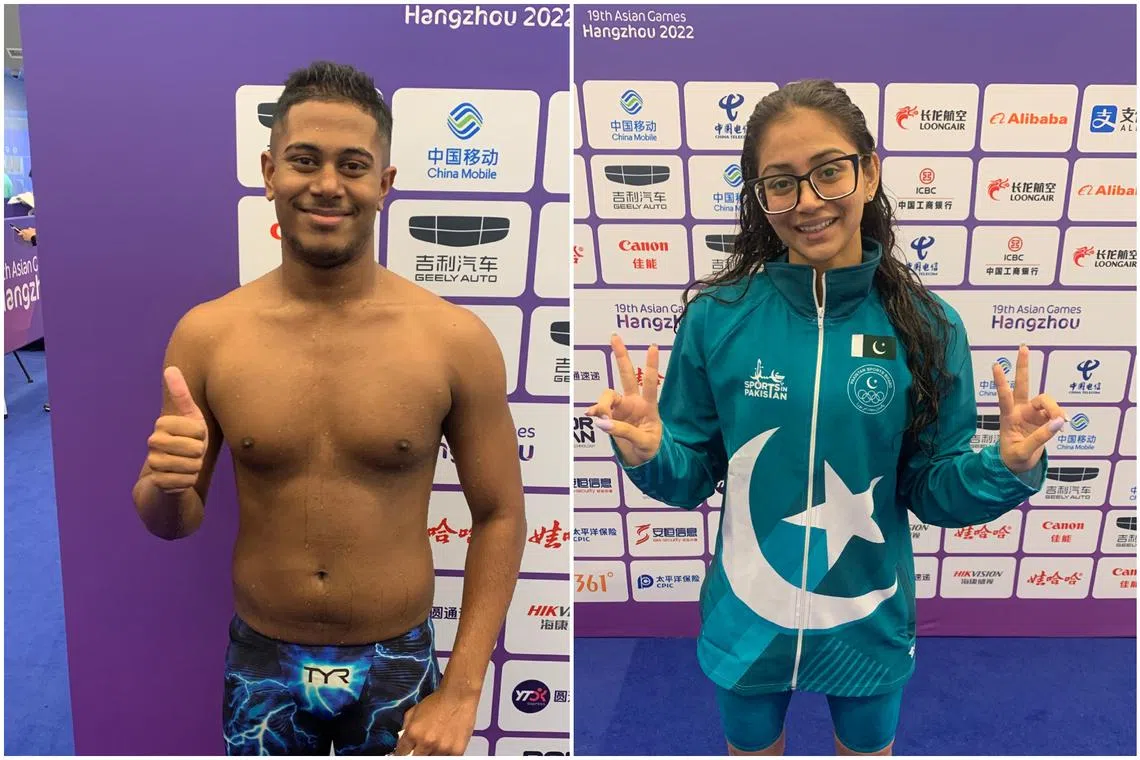 The Maldives Mohamed Rihan Shiham (left) and Pakistan's Fatima Adnan Lotia may not earn medals at the Asian Games, but that doesn't take away from their accomplishments.