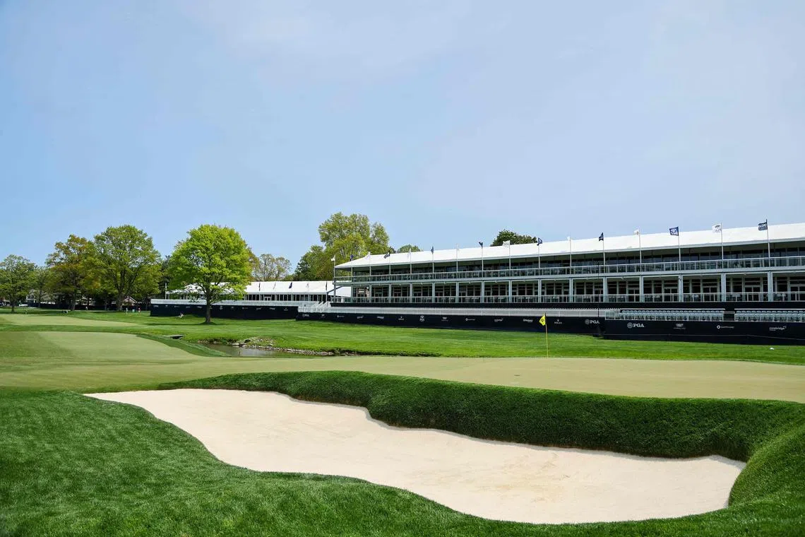 A general view of the sixth green during a practice round prior to the 2023 PGA Championship at Oak Hill Country Club.