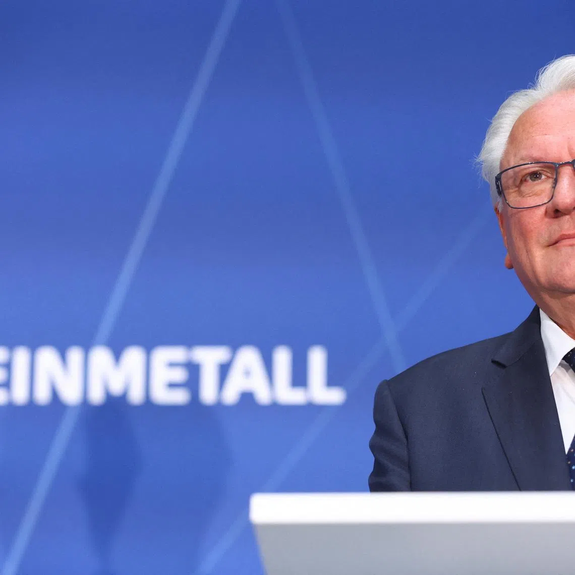 Armin Papperger, CEO of Germany's Rheinmetall AG, looks on as he visits the company's new F-35 fighter jet parts plant in Weeze, Germany, July 1, 2025. REUTERS/Thilo Schmuelgen