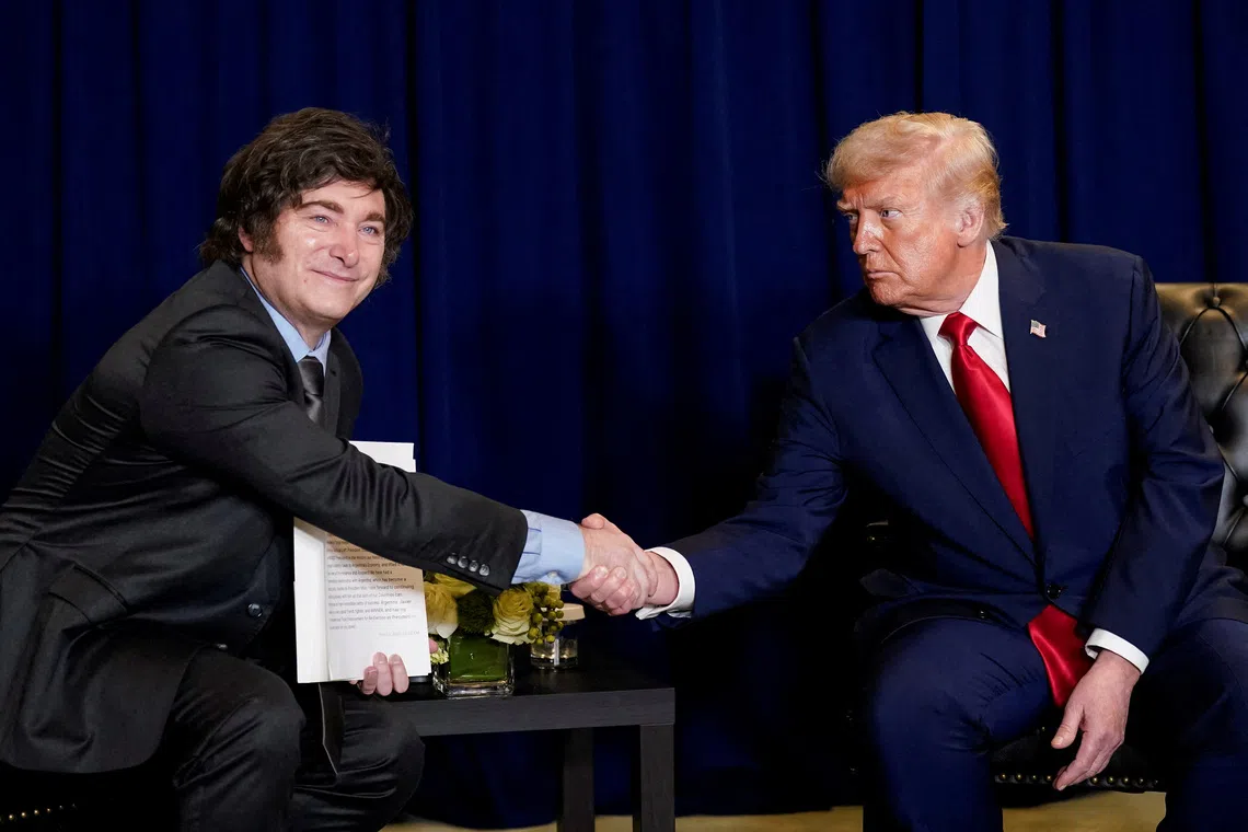 FILE PHOTO: U.S. President Donald Trump shakes hands with Argentina's President Javier Milei as they meet during the 80th United Nations General Assembly, in New York City, New York, U.S., September 23, 2025. REUTERS/Al Drago/File Photo