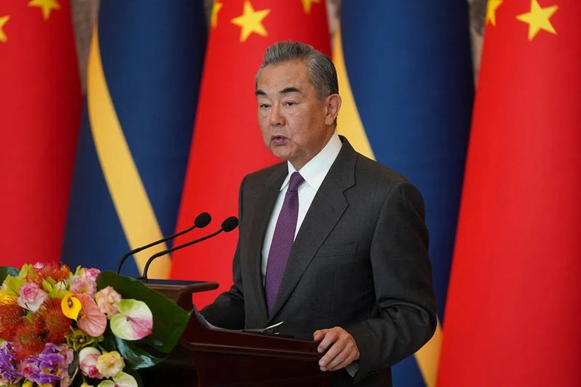 Chinese Foreign Minister Wang Yi gives a speech after signing the Joint Communique on the Resumption of Diplomatic Relations between China and Nauru, at Diaoyutai State Guesthouse, in Beijing, China Wednesday, Jan 24, 2024. Andrea Verdelli/Pool via REUTERS/ File photo