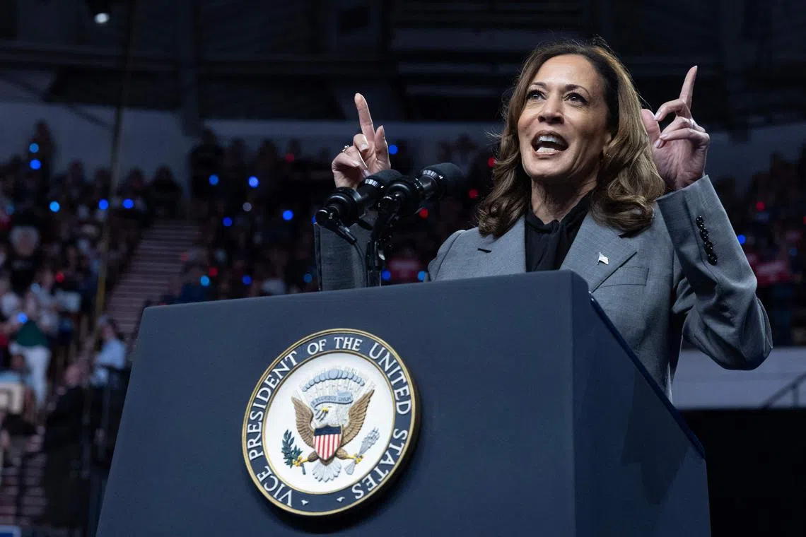 Democratic Vice-President Kamala Harris leads Republican rival Donald Trump 47 per cent to 40 per cent in the race to win the White House on Nov 5.