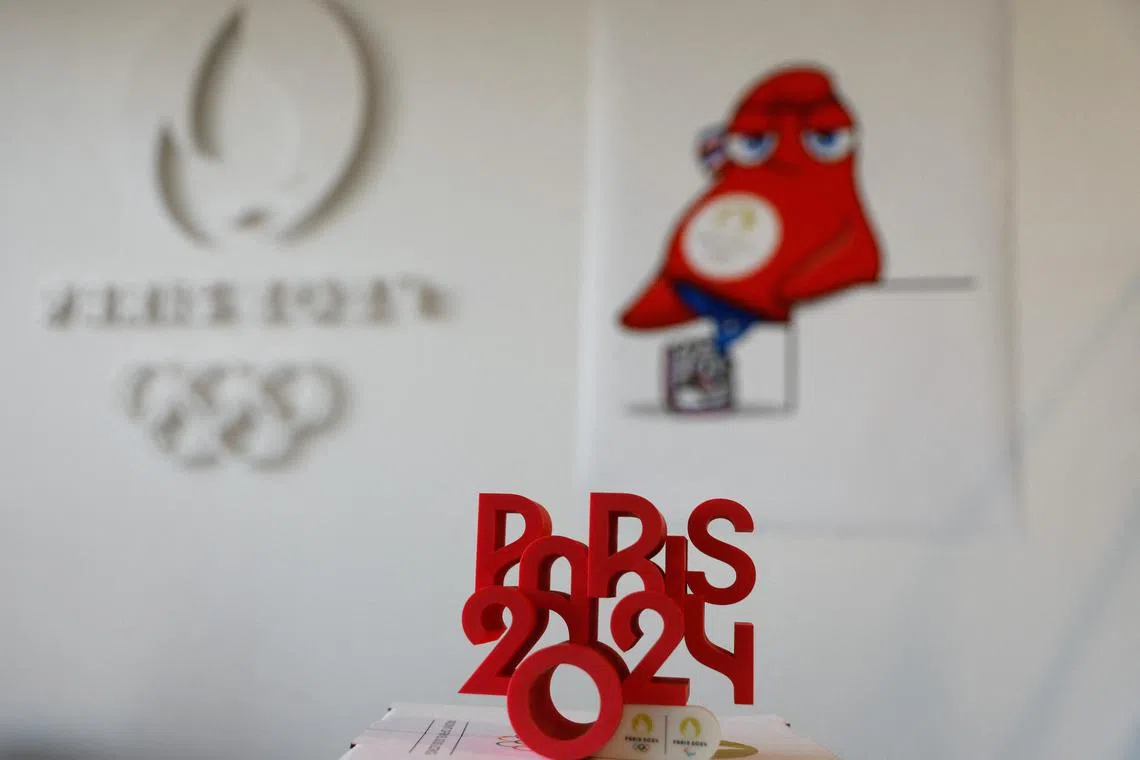 A plaque is seen during the unveiling of the Paris 2024 Olympic and Paralympic mascots. Athletes from Russia and Belarus may not feature in Paris as the IOC has no immediate plans to lift sanctions on both nations.  
