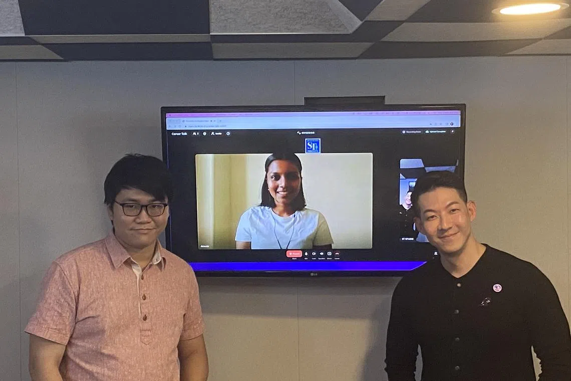 (From left) ST journalist Tay Hong Yi, Ms Annusia Balan, design researcher currently studying for a Master of Arts in Service Design on a Dsg scholarship at the Royal College of Art in London and Mr Eugene Chin, acting director for talent development at Dsg in the podcast studio.