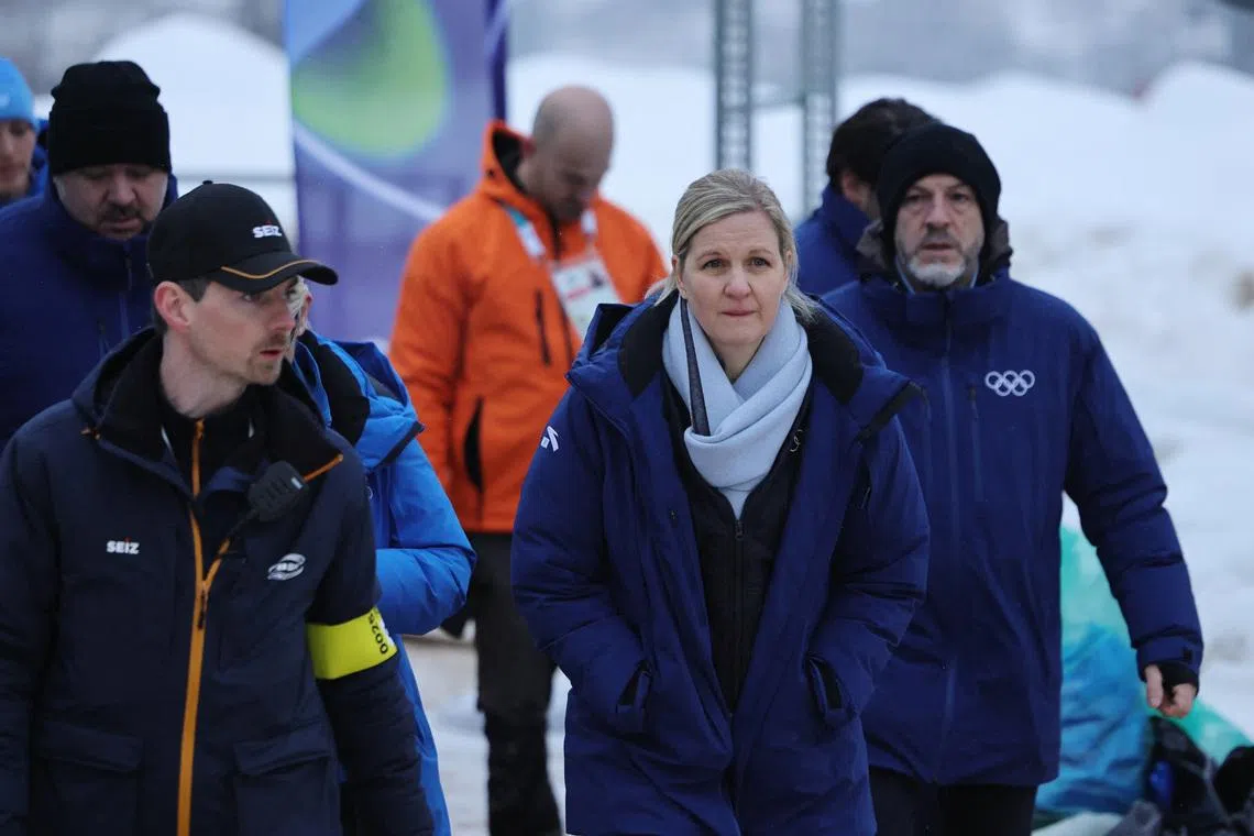 Milano Cortina 2026 Olympics - Skeleton - IOC President Kirsty Coventry meets skeleton racer Vladyslav Heraskevych of Ukraine - Cortina Sliding Centre, Cortina d'Ampezzo, Italy - February 12, 2026. IOC President Kirsty Coventry ahead of her scheduled meeting with skeleton racer Vladyslav Heraskevych of Ukraine regarding the potential disqualification after wearing a helmet in tribute to athletes who have died amid Russia's attack on Ukraine REUTERS/Athit Perawongmetha