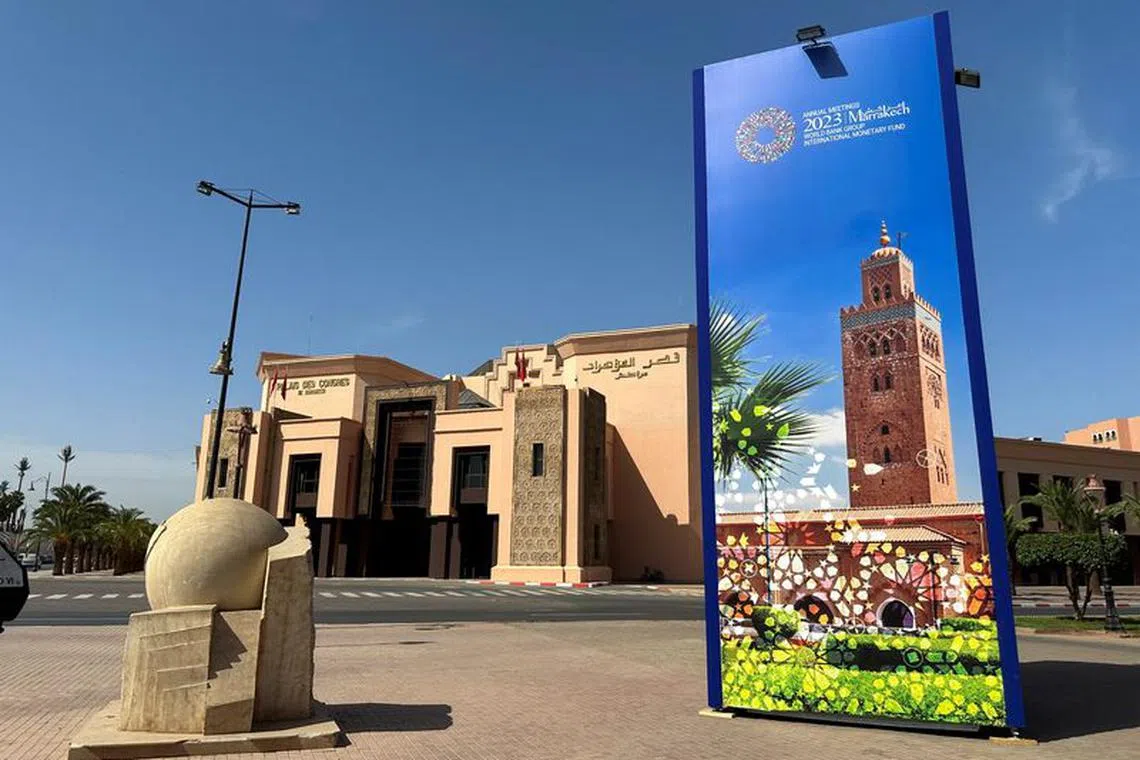 A view of an advertising billboard for the upcoming annual meetings of the International Monetary Fund and the World Bank, following last month's deadly earthquake, near the Palais des Congres in Marrakech, Morocco October 1, 2023. REUTERS/Abdelhak Balhaki