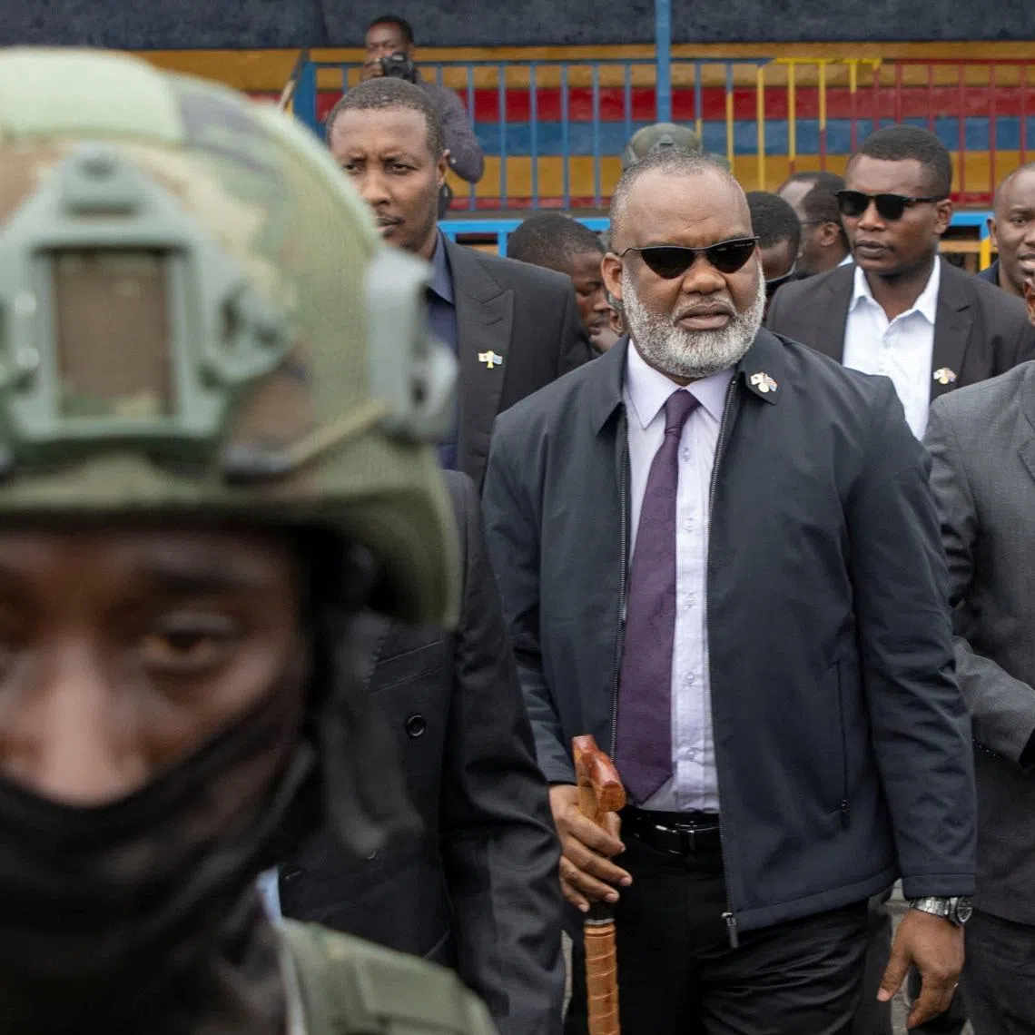 Corneille Nangaa, coordinator of the Alliance Fleuve Congo AFC/M23, arrives at Unity Stadium with rebel leaders for a funeral ceremony for victims who died in a drone strike in Masisi territory, in Goma, North Kivu province, Democratic Republic of Congo, January 8, 2026. REUTERS/Arlette Bashizi