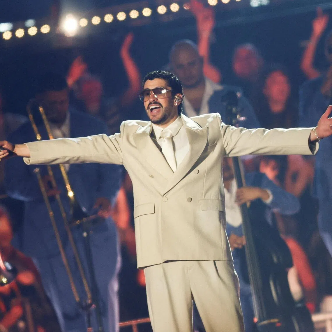 Puerto Rican singer Bad Bunny performs at his Debi Tirar Mas Fotos World Tour concert in Buenos Aires, Argentina, on Feb 13.