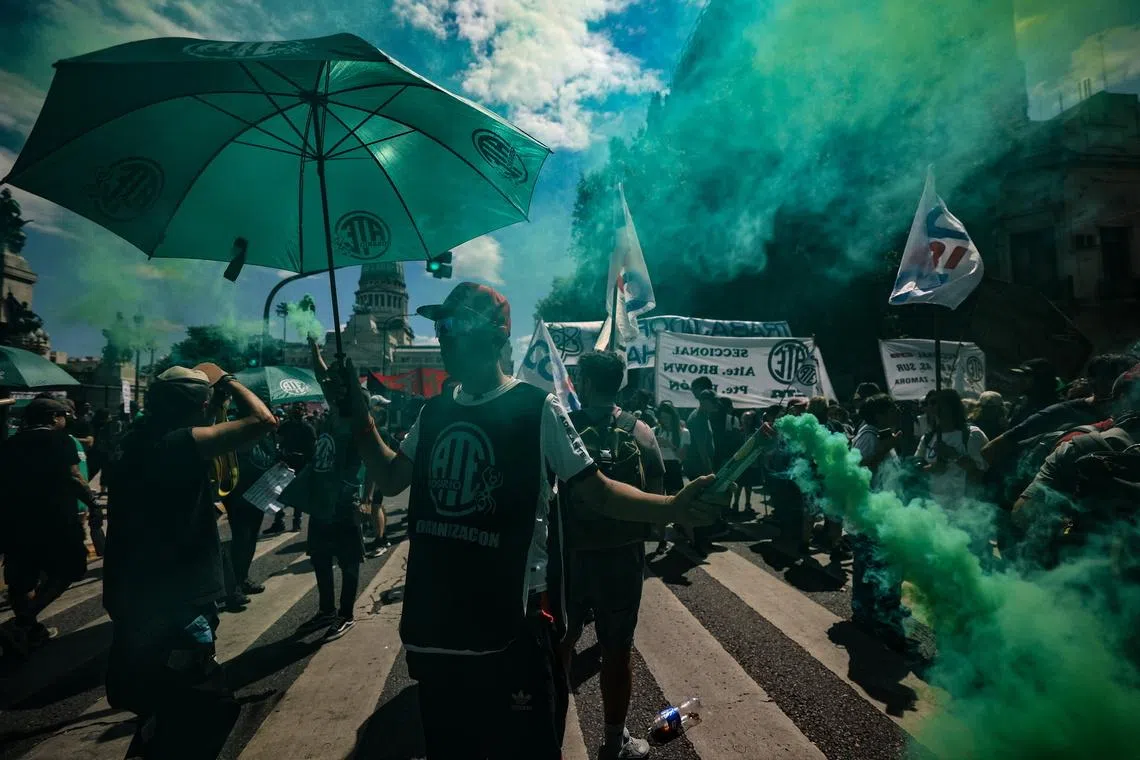 People demonstrating against the labor reform proposed by the government of Javier Milei in Buenos Aires, Argentina, on Feb 19, 2026.