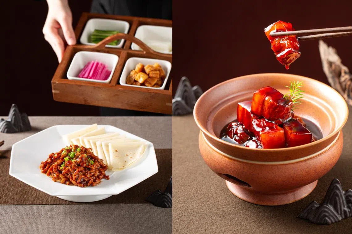 (From left) Stir-fried Shredded Pork in Sweet Bean Sauce with Chinese Crêpe and Braised Pork Belly in Shanghai Style – two of the new dishes on Paradise Dynasty’s refreshed eight-cuisine menu.