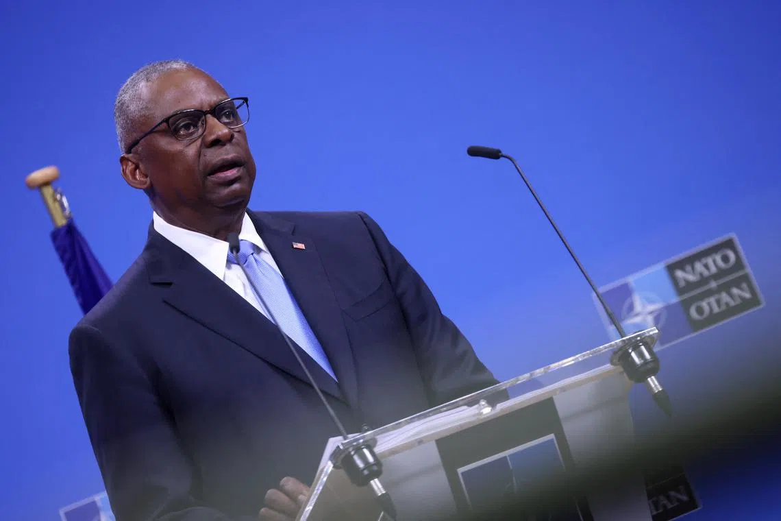 FILE PHOTO: U.S. Defense Secretary Lloyd Austin attends a press conference during a NATO defence ministers' meeting at the Alliance's headquarters in Brussels, Belgium June 14, 2024. REUTERS/Johanna Geron/File Photo